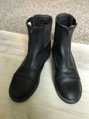 Tuff Rider Black Leather Paddock Horse Riding Boots Zip front Kids Girls 4